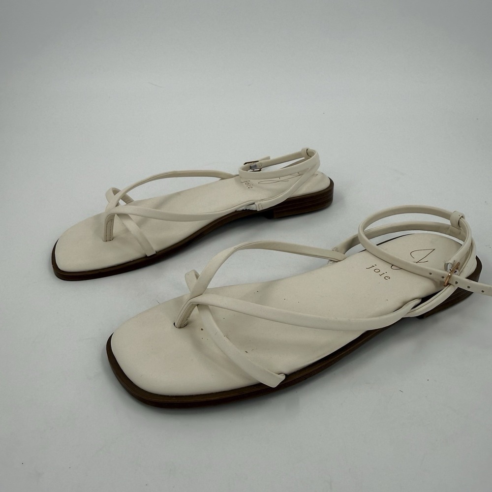 Joie Women's 8 White Strappy Thong Sandals Minimalist Flat Ankle Strap Shoes